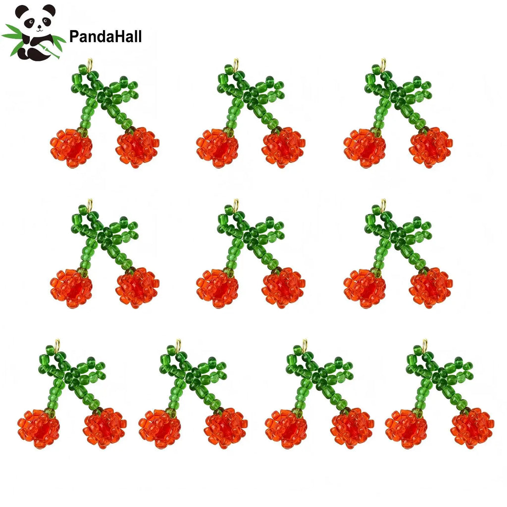 Pandahall 10Pcs Red Cherry Glass Charms Handmade Glass Seed Beaded Pendants 3D Fruit Cherry Dangle Charms for DIY Jewelry Making Qme Default Title
