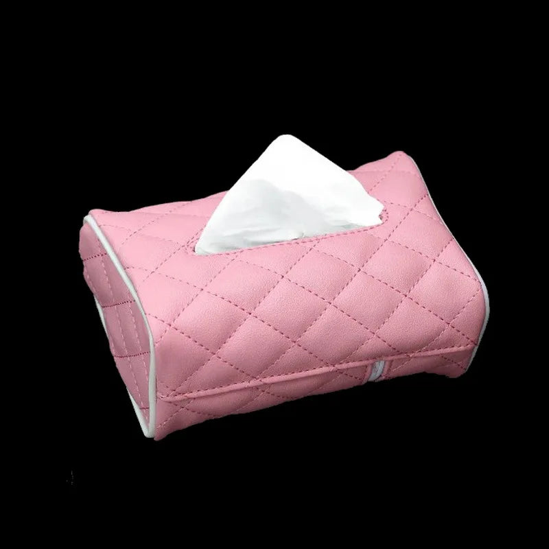 Solid Color Checkered Leather Wear-Resistant Tissue Box Car Seat Back Sunshade Hanging Tissue-Bag Buckle Strap Easy Installation Qme Pink