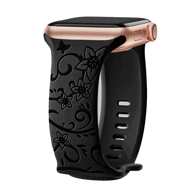 Floral Engraved Strap For Apple Watch Band 40mm 44mm 41mm 49mm 45mm 38mm 42mm silicone bracelet iwatch series 9 7 se 6 8 ultra 2 Qme Wildflower Black 42mm 44mm 45mm 49mm