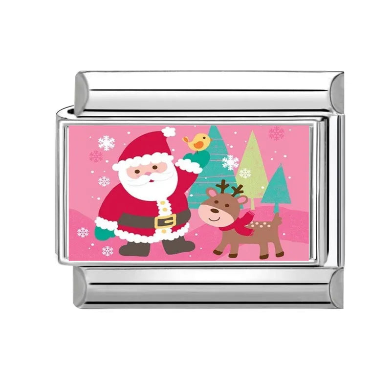 2025 Original Pink Christmas Tree Snowman Xmas Elk Wreath Sock Santa Claus Italian Charm Fit9mm Stainless Steel Bracelet Jewelry Qme Style 3
