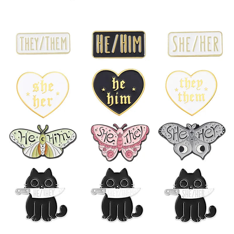 My Pronouns Enamel Pins Cats Butterfly He Him She Her They Them Brooches Lapel Metal Badges Fashion Jewelry Gifts Drop Shipping Qme