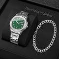 Men's Silver Watch Jewelry Set, 2Pcs Green Dial Arabic Numeral Watch + Cuban Bracelet, Minimalist Casual Style Qme Green Set No Box