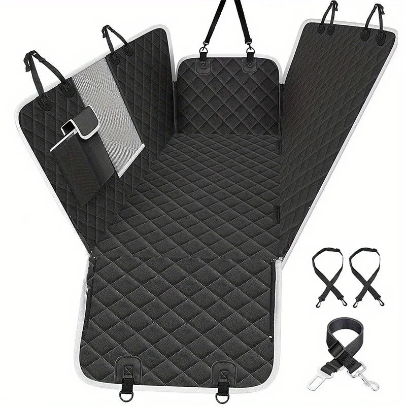 Dog car seat cover with mesh window and storage bag, durable and scratch resistant car hammock, suitable for cars/trucks/SUVs Qme black
