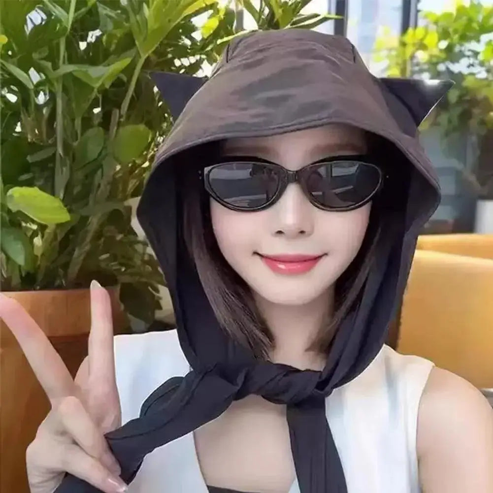 Cute Ear Sunshade Caps Hooded Hat Unisex Summer Fisherman Strap Qme