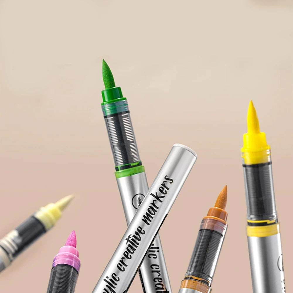 Acrylic Paint Pens Set 12 Pcs Brush Tip Acrylic Paint Pens Set for Artist Creation DIY Handcraft General Painting Stationery Qme