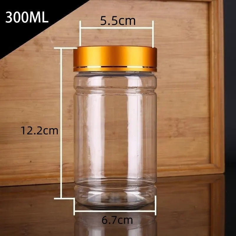 5pcs 200ml Plastic Bottle With Metal Cap Transparent Plastic Dried Fruit Bottle With Cap Empty Bottle Sealed Bottle Jar Qme 300ml Gold lid 5 pcs