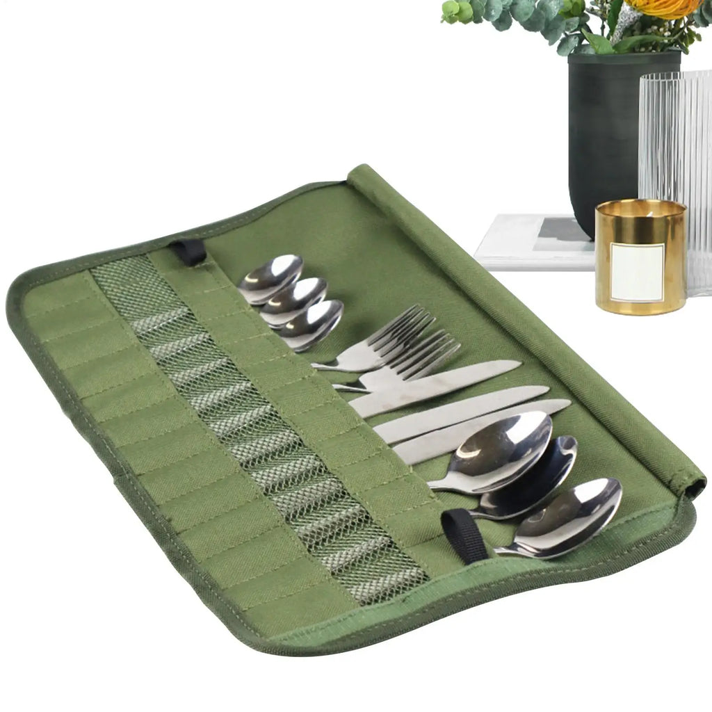Camping Cutlery Roll Bag Kitchen Cooking Utensil Set Travel Organizer Multi-function Cutlery Pouch Holder Forks Spoons Chopstick Qme