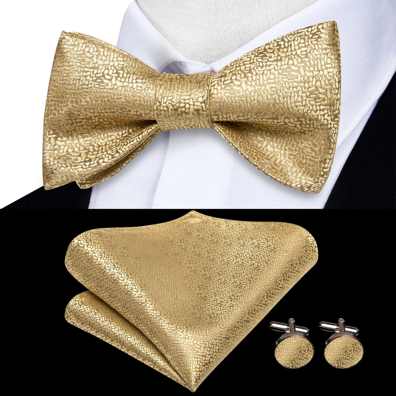 Hi-tie Silk Mens Self Bow Tie Hanky Cufflinks Blue Red Gold Black