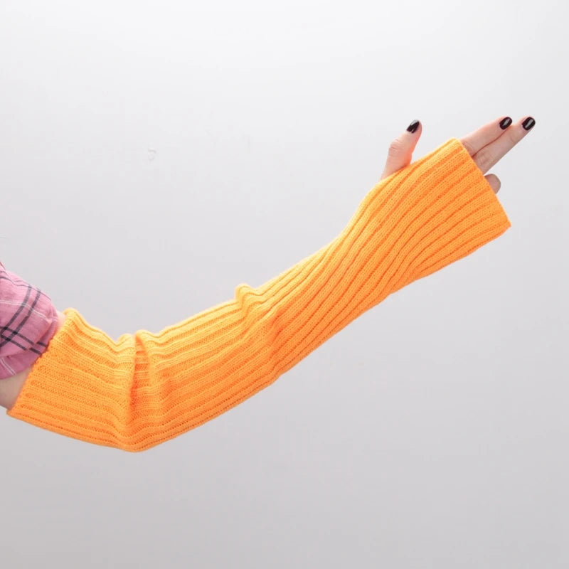 Women Long Fingerless Gloves Soft Female Glove Lolita Kawaii Mitten Qme Orange length-52cm