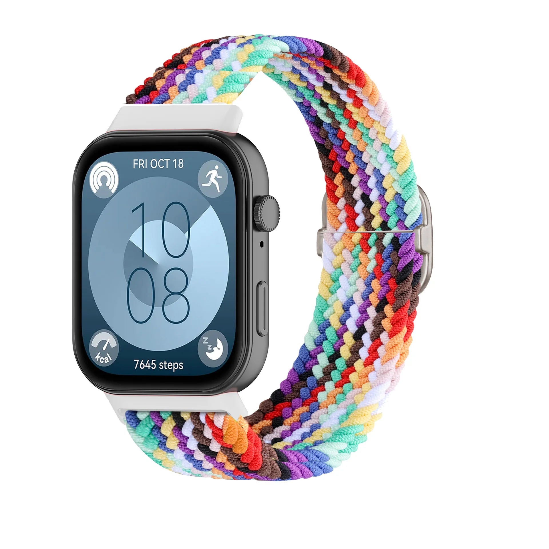 A Adjustable Comfort Nylon Woven Watch Strap with Stylish Metal Buckle Breathable Replacement Band for Huawei Smartwatch Qme rainbow white
