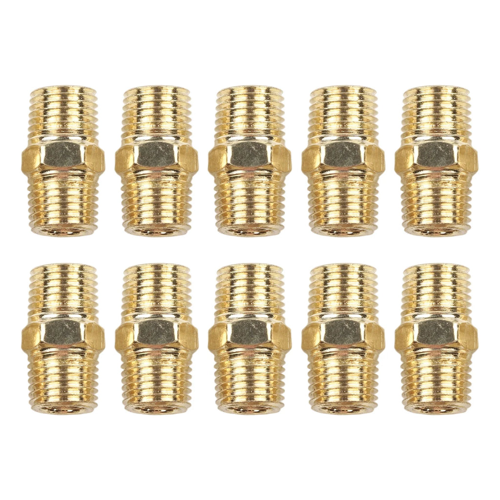 10 Pc Brass Pipe Hex Nipple Quick Coupler Adapter Connector 1/4 In For BSP Male To Male Thread Water Oil Air Connector Gold Tone Qme