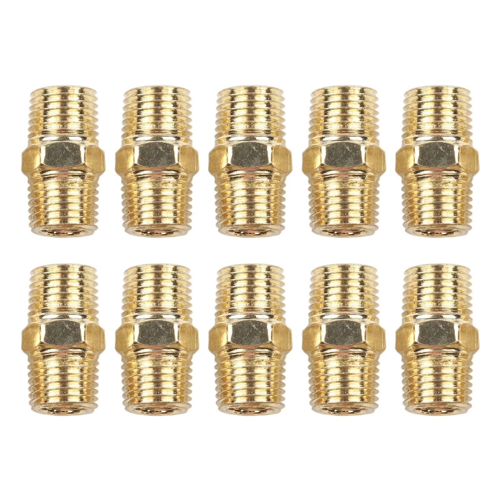 10 Pc Brass Pipe Hex Nipple Quick Coupler Adapter Connector 1/4 In For BSP Male To Male Thread Water Oil Air Connector Gold Tone Qme