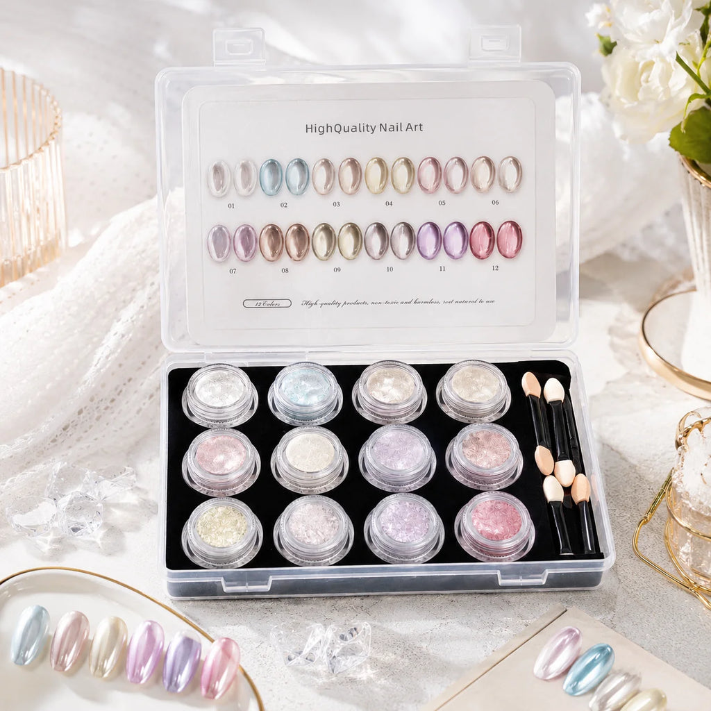 Aurora Chrome Nail Powder 12 Colors Mirror Pearl Pigment Swatch Card Qme