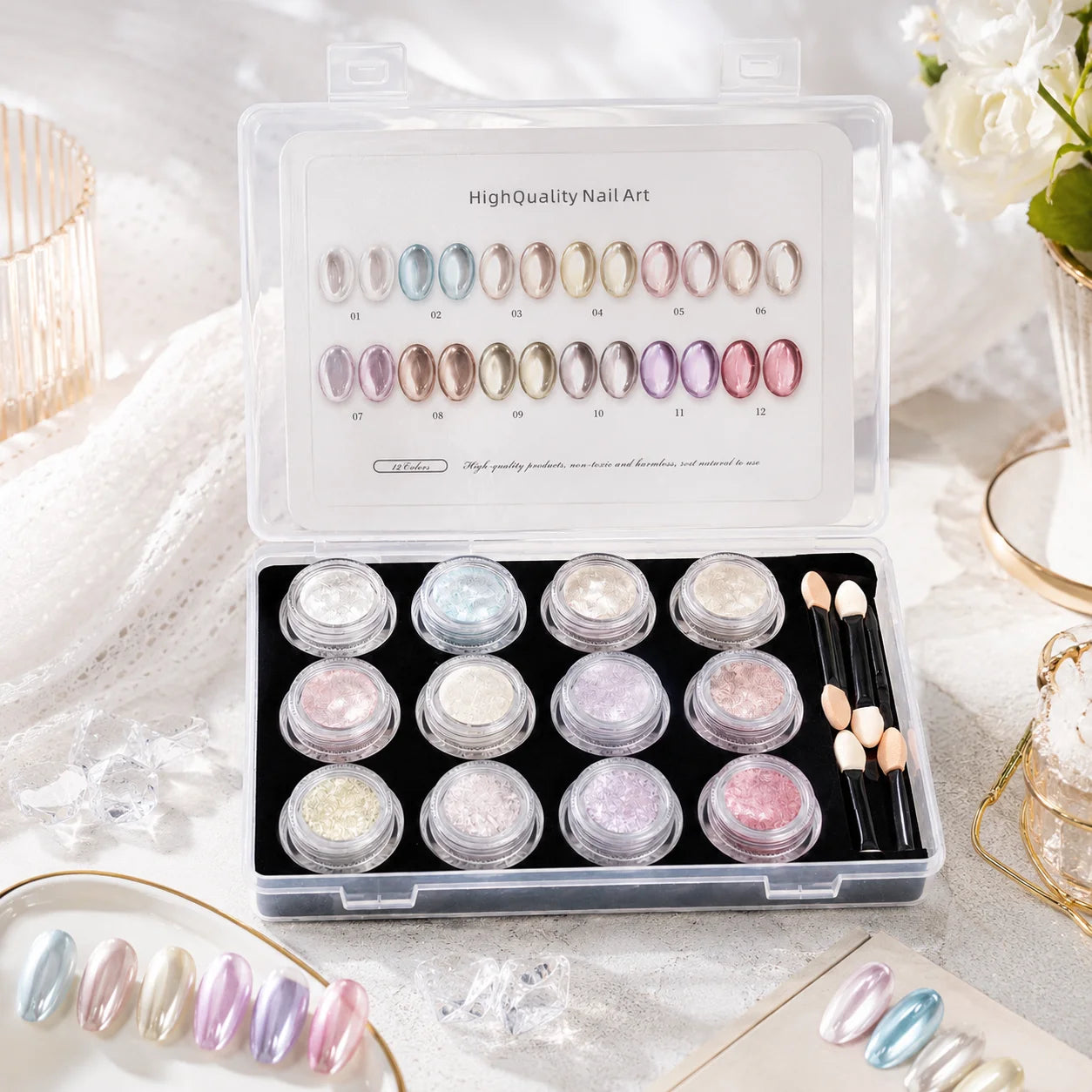 Aurora Chrome Nail Powder 12 Colors Mirror Pearl Pigment Swatch Card Qme