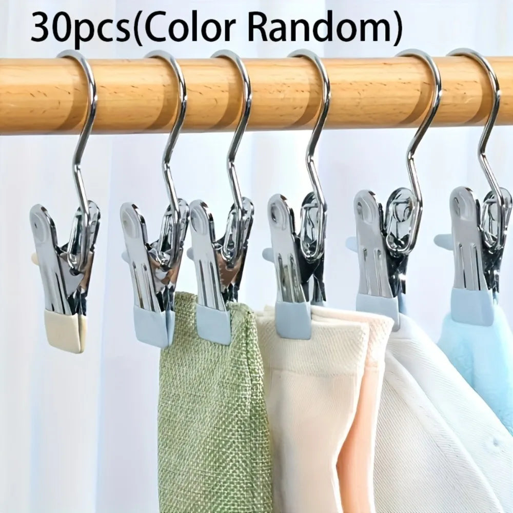 30pcs Clothes Pins Clips With Hook, Stainless Steel High Elasticity Good Persistence For Clothes, Wardrobe Hooks, Socks Qme