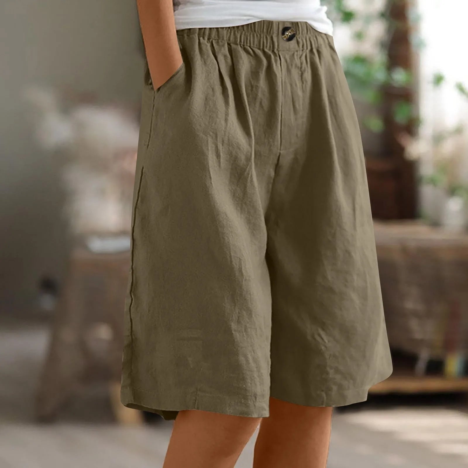 Female Fashion Solid Color Elastic High Waist Pocket Button Up Loose Cotton Linen Five Length Shorts Summer Soft Comfort Pants Qme