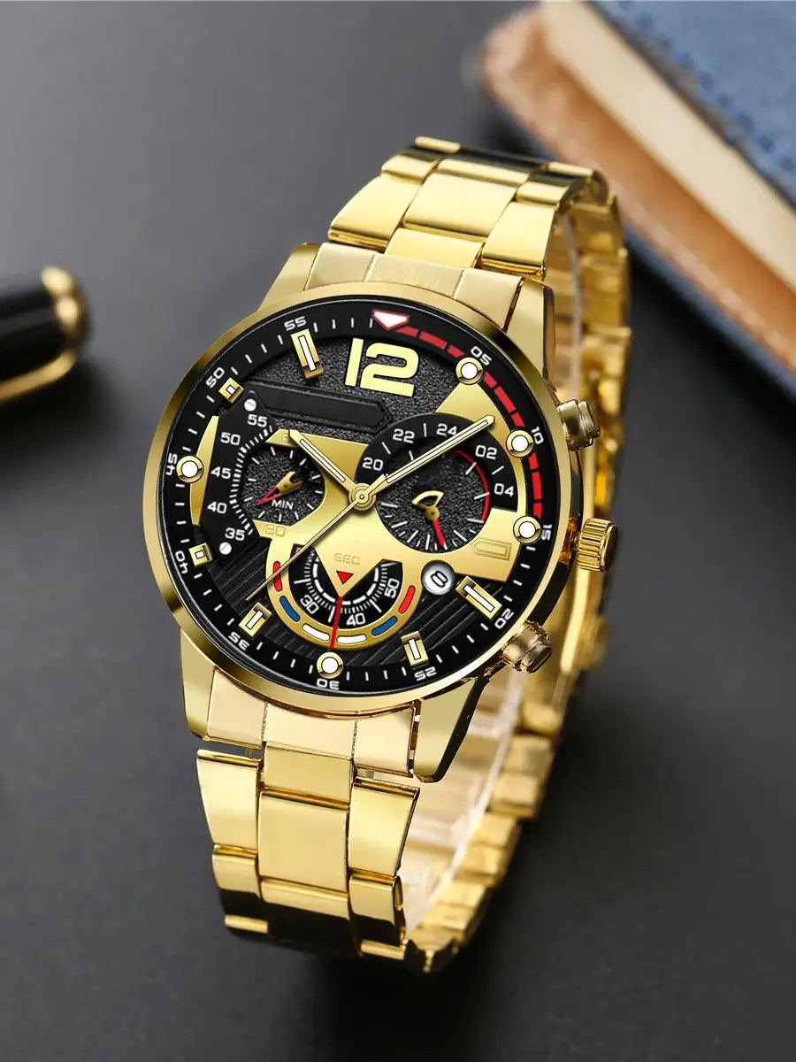 2pcs Men's Fashion Trend Metal Watch Strap Trinocular Dial Quartz Watch Handsome Lion Head Bracelet Qme