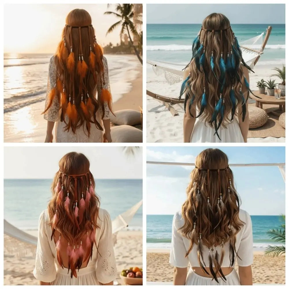 Synthetic Braided Cord Boho Feather Headpiece Vibrant Orange Plumage Adjustable Slide Bead Tribal Hair Extension Secure Fit Band Qme