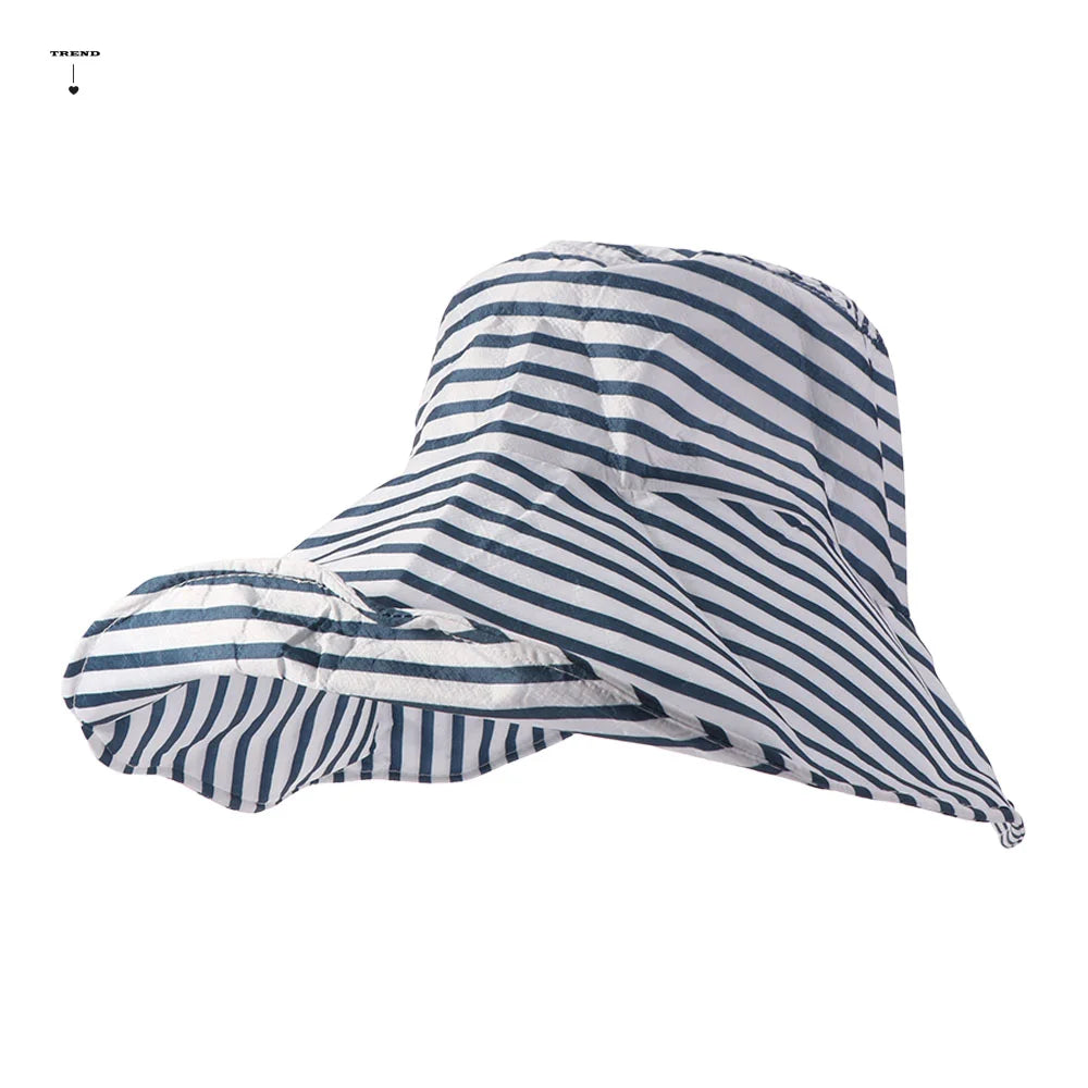 Simple Striped Bucket Hat Widened Brim Sunshade Foldable Beach Sun Cap Lightweight Cloth Roll Edge Fisherman Hat Vacation Qme