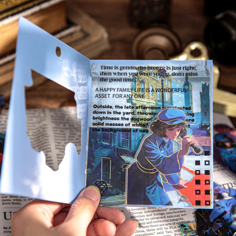 15 Sheets Detective Theme Large PET Sticker Pack for Scrapbook DIY Photo Frame Collage Journal Decoration Qme