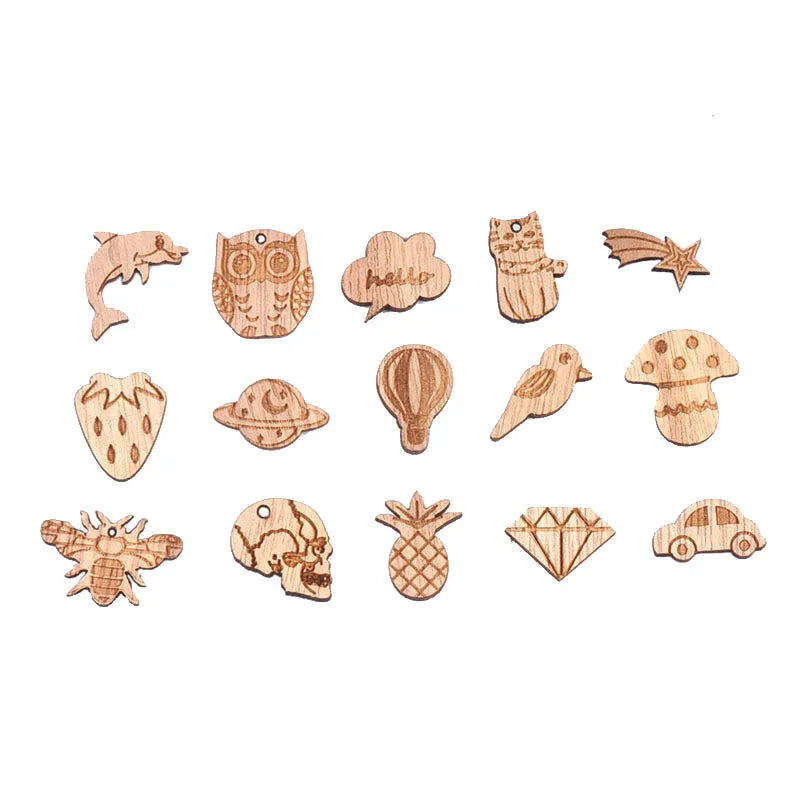 20Pcs 10-25mm Vintage Mix Pattern Bee/Cat/Mushroom/Diamond Wood Pendant Crafts DIY Scrapbook Handmade Supplies Hanging Ornaments Qme