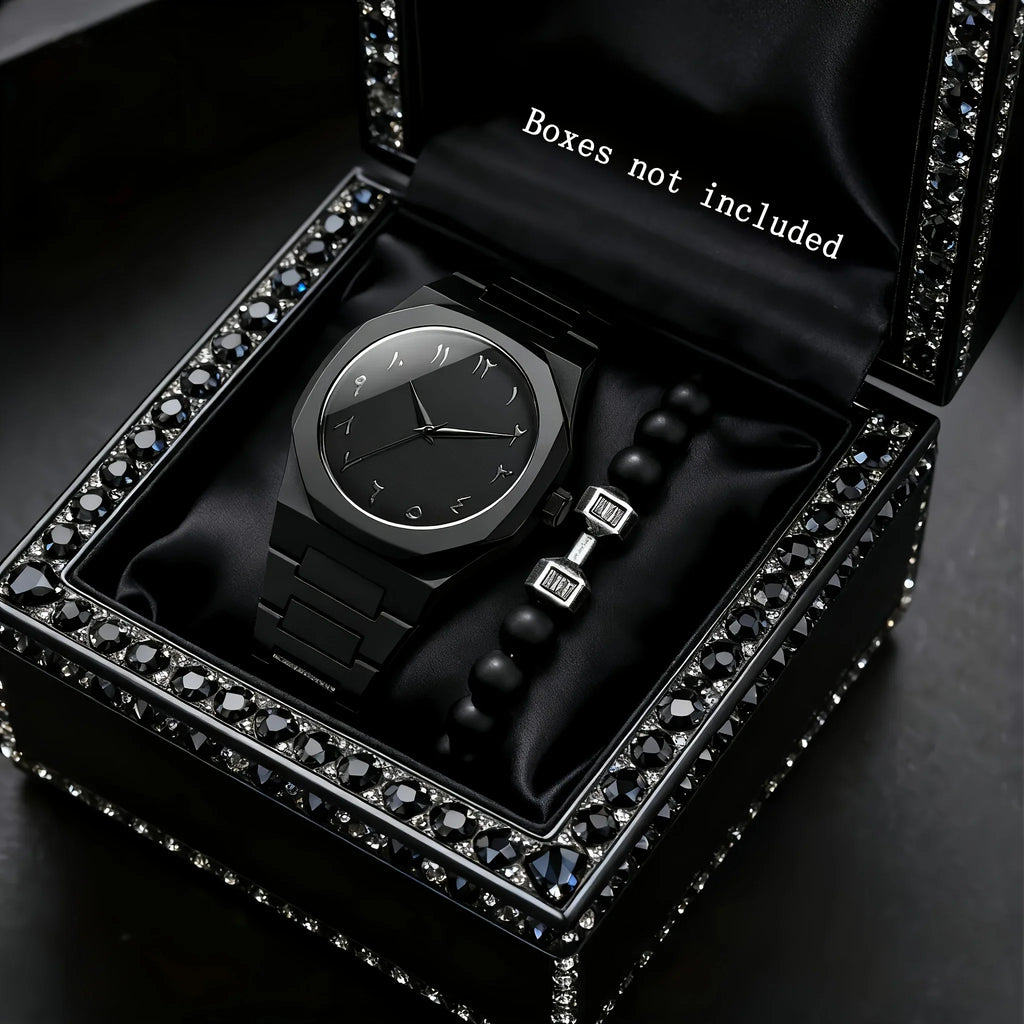 2 Pieces Fashion Men's Casual Business Watches Plastic Band Male Quartz Watch-Bracelet Beads Set Men's Watch (Without Box) Qme A