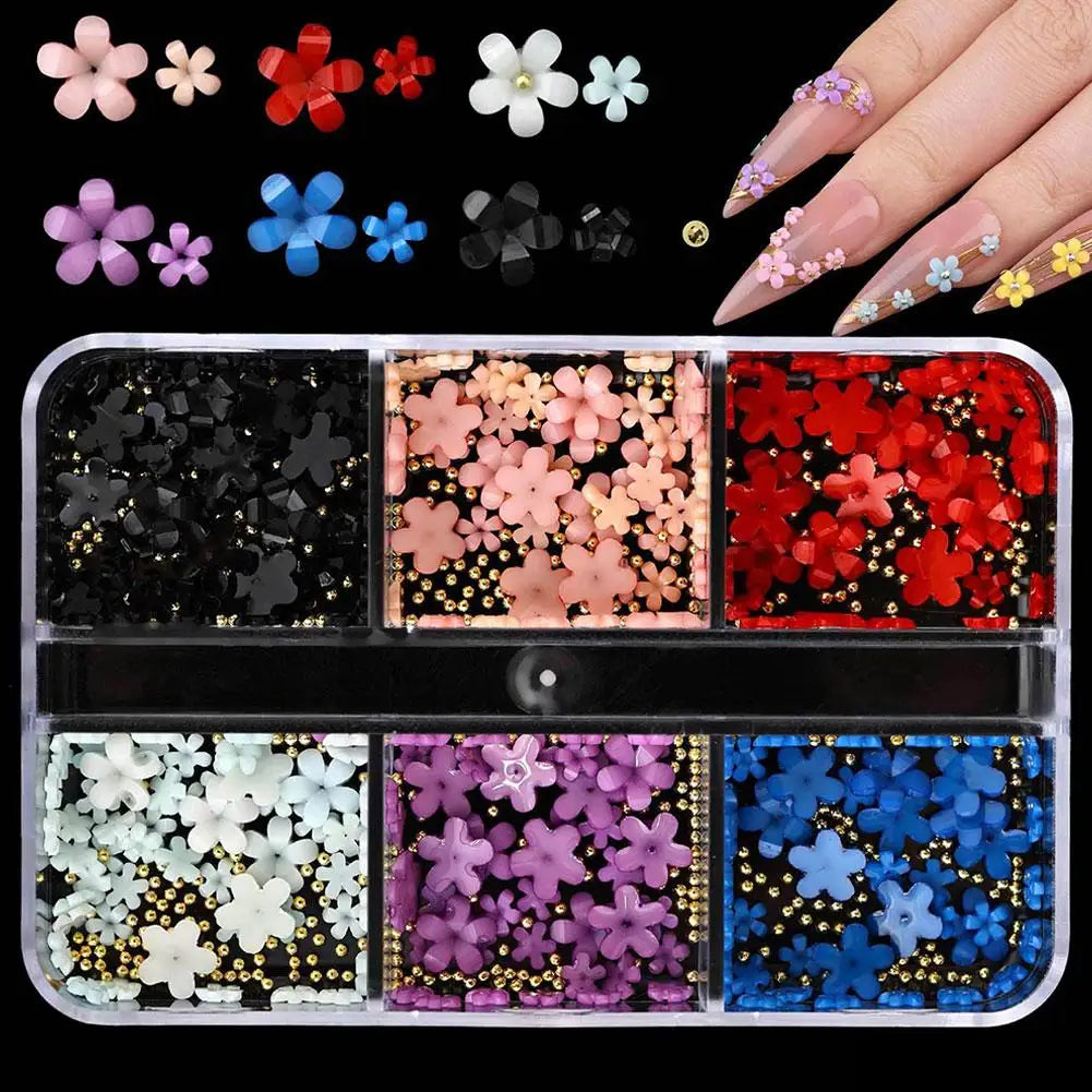 3D Acrylic Flower Nail Charms Art Cute Colorful Floral Caviar Beads Qme C- 6 gird