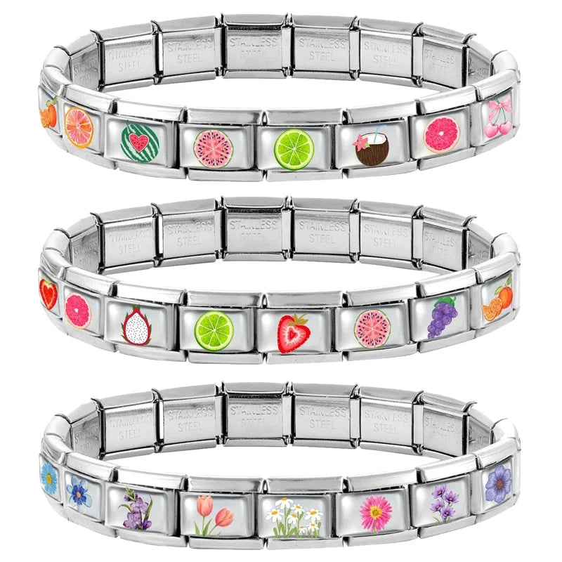 2025 Lemon Strawberry Guava Grape Colorful Fruit Series Italian Charm Link fit 9mm Stainless Steel Jewelry DIY Making Bracelets Qme