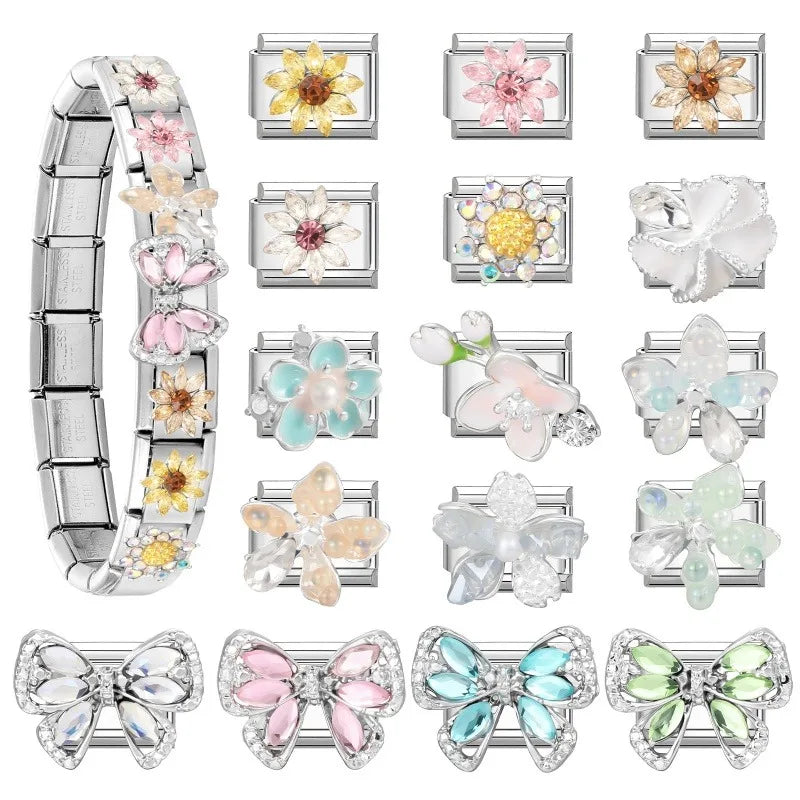 Wholesale Beautiful Flowers Shiny Zircon Bowknot Italian Charm Links Stainless Steel Fit 9mm Bracelet Jewelry Diy Making Gifts Qme