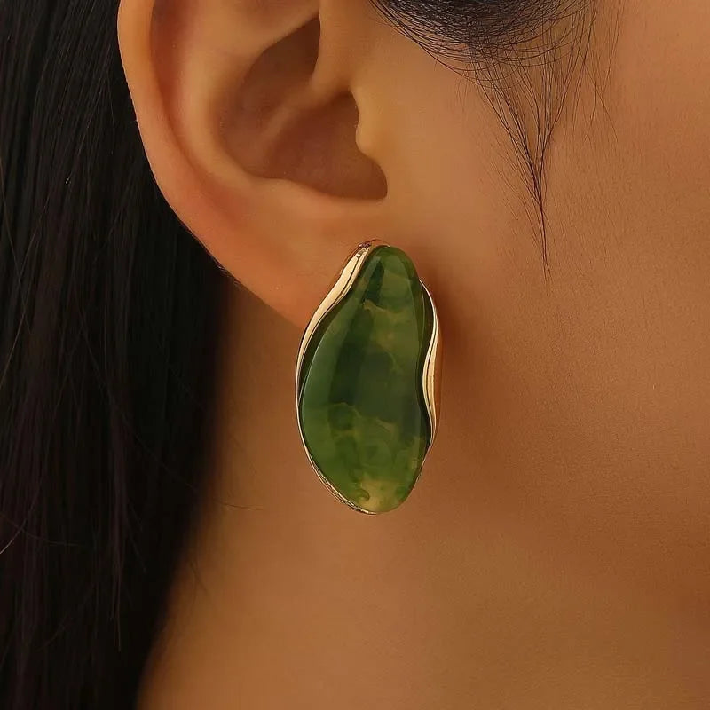 Vintage Irregular Resin Alloy Stud Earrings & Ring - Women's Coffee Color Fashion Elegant Stud Earrings & Ring Jewelry Set Qme Earring-Green