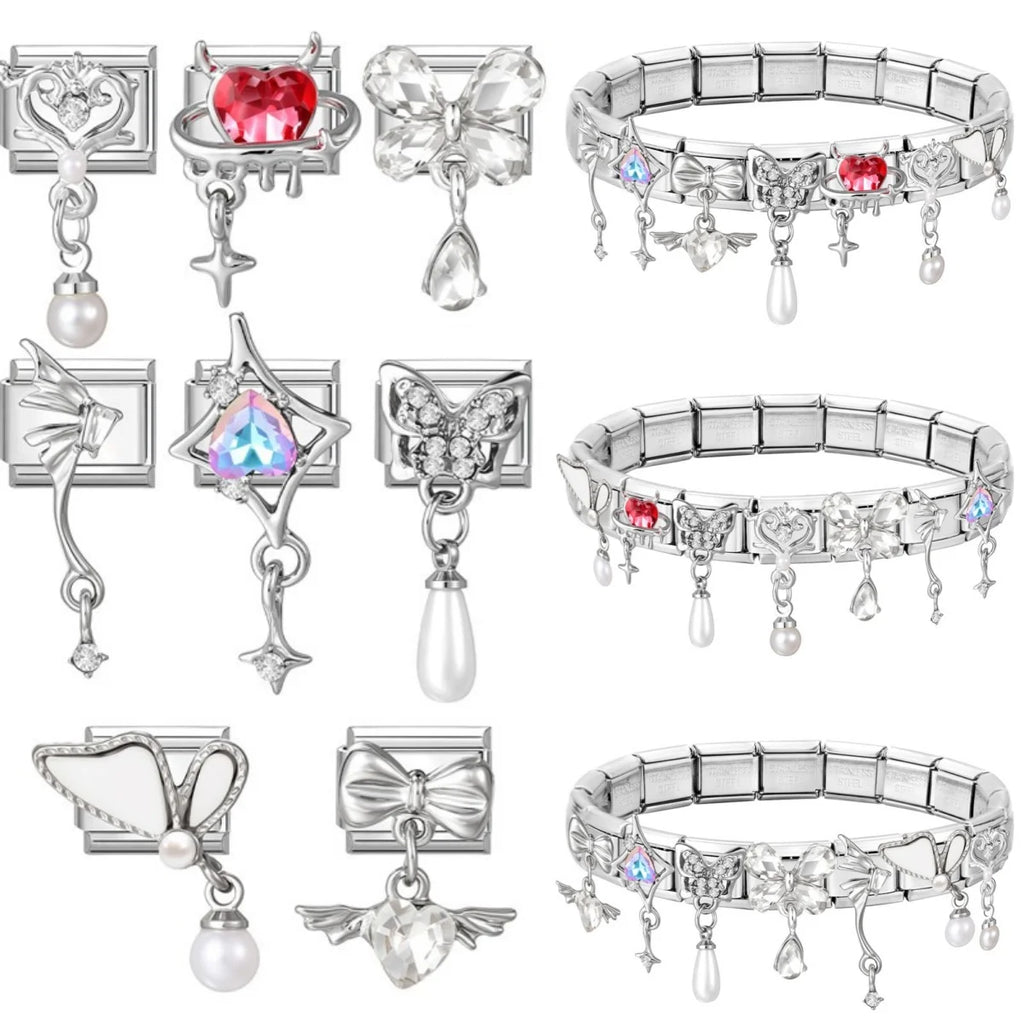 Shiny Colorful Zircon Butterfly Heart Planet Italian Charm Links Fit 9mm Stainless Steel Bracelet Women Jewelry DIY Making Gifts Qme