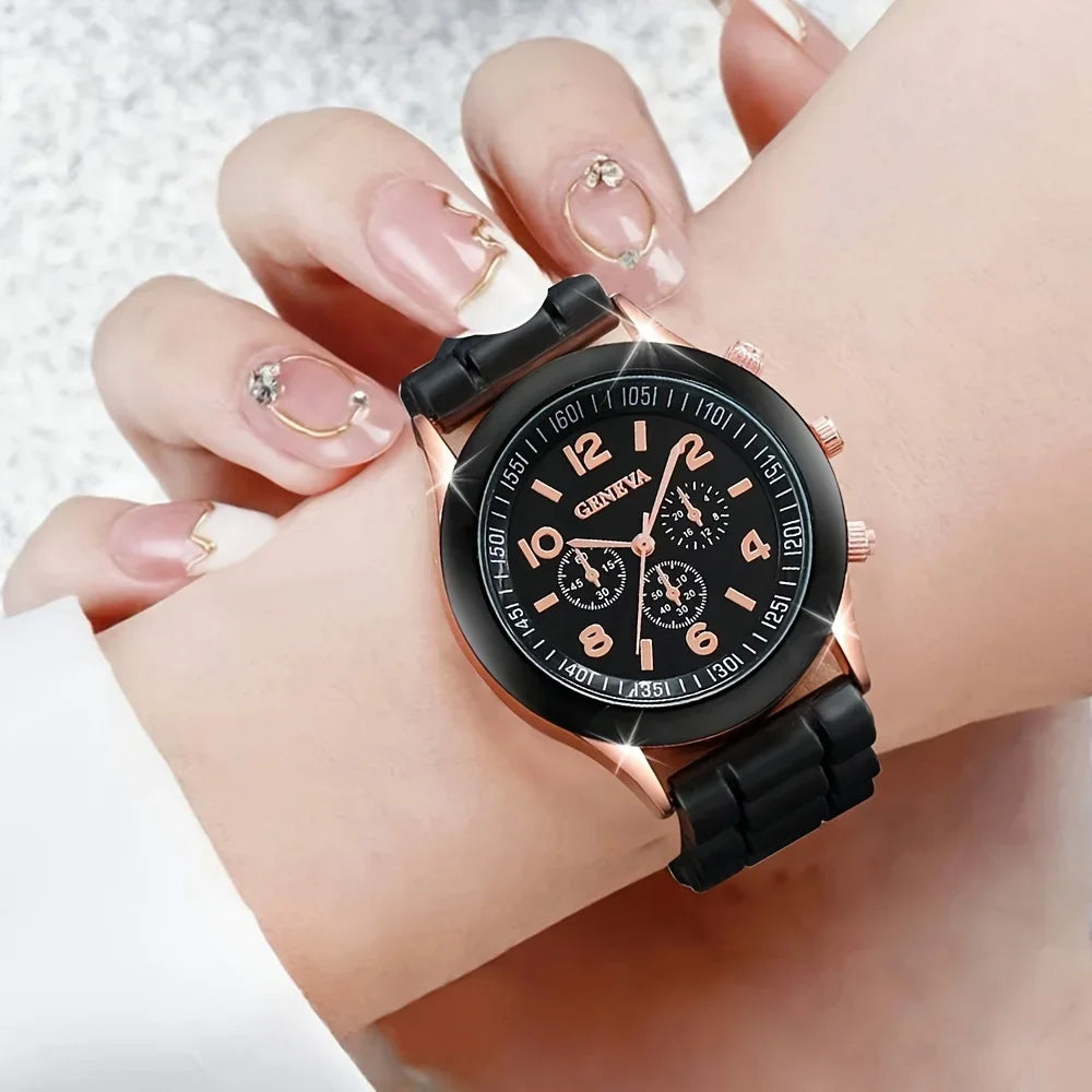2Pcs Luxury Women's Watch Set Fashion Luxury Elegant Alloy Wristwatch Silicone Strap Couple Watch Men Quartz Holiday Gifts Qme Single black