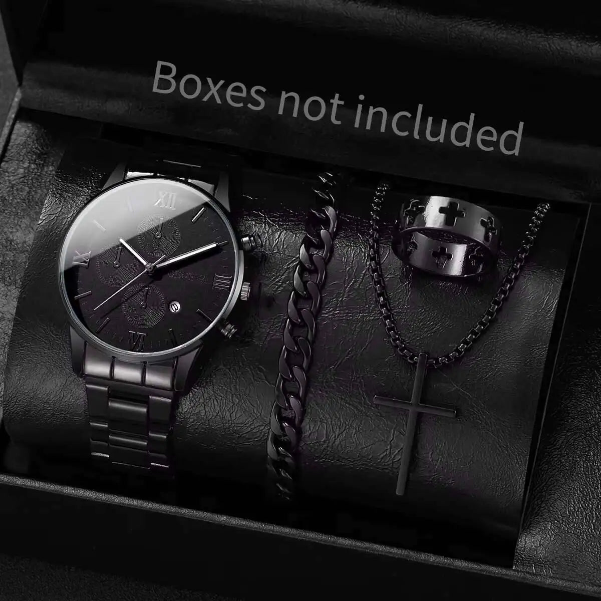 4 pçs/set moda masculina relógios de negócios luxo roma dial calendário relógio quartzo conjunto jóias reloj hombre (sem caixa) Qme black