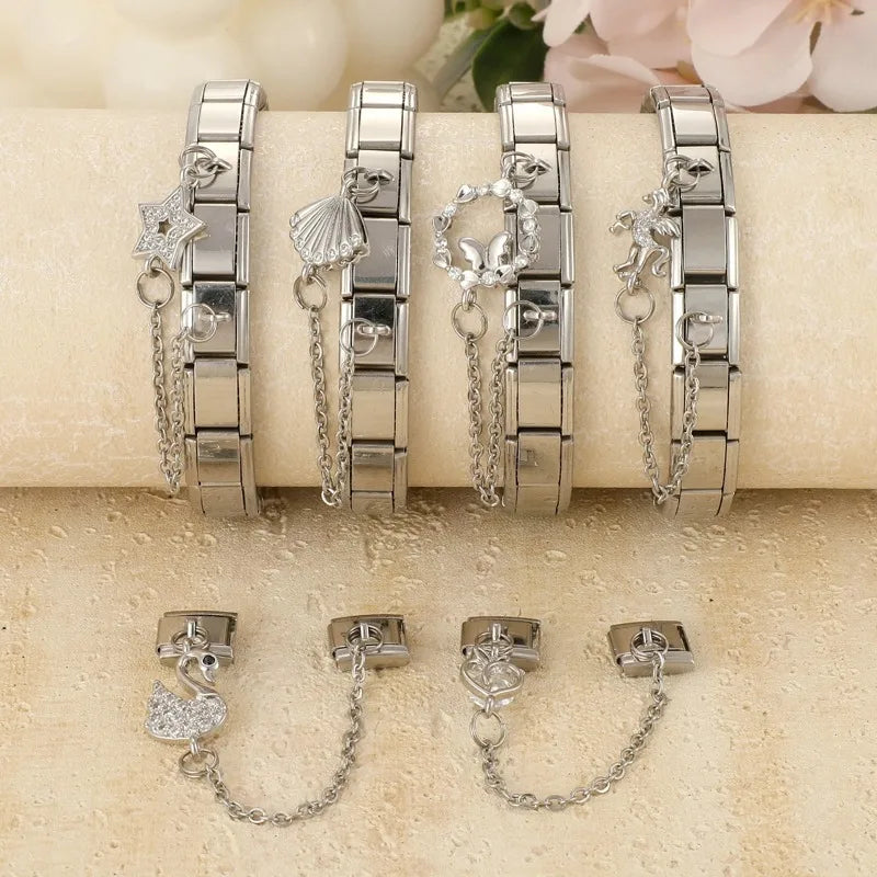 Peach Shiny Zircon Horse Swan Tassel Chain Italian Charm Links Fit 9mm Stainless Steel Bracelet Women Jewelry DIYMaking Gift Qme