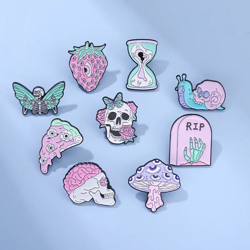 Purple Skeleton Enamel Pin Punk Butterfly Flower Intensive Eyes Gothic Strawberry Mushroom Halloween Lapel Badge Friends Jewelry Qme