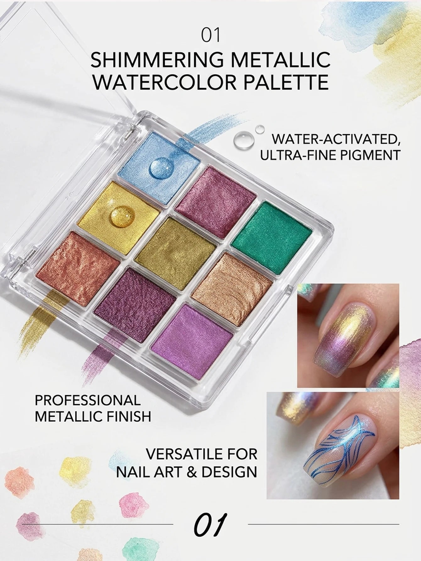 9-color Watercolor Palette Solid Pearlescent Nail Art Perfect DIY Qme 01