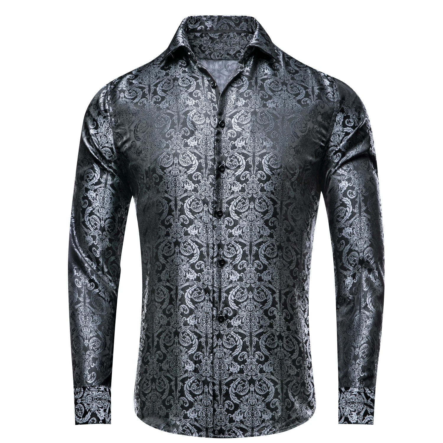 Hi-Tie Spring Autumn Mens Shirts Silk Red Black Paisley Suit Turndown Collar Shirt Casual Formal for Male Wedding Business Gifts Qme CY-1001 L