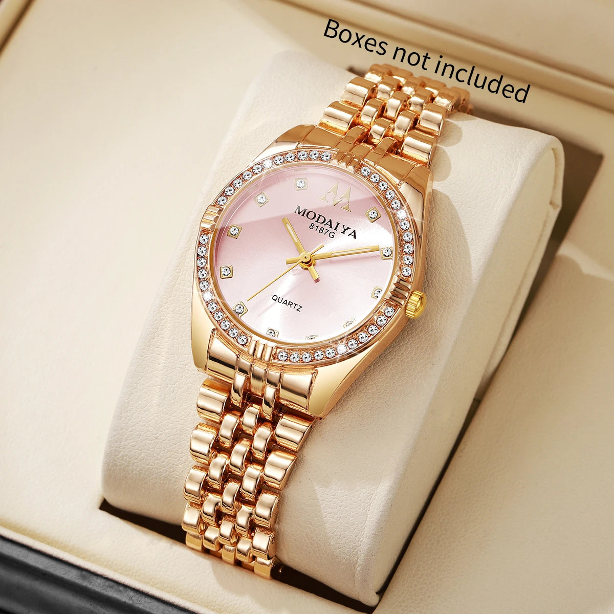 Classic Women's Quartz Watch Collection, 6 Styles with Crystal Bezel, Fashion Accessory Set Qme Gold Pink No Box