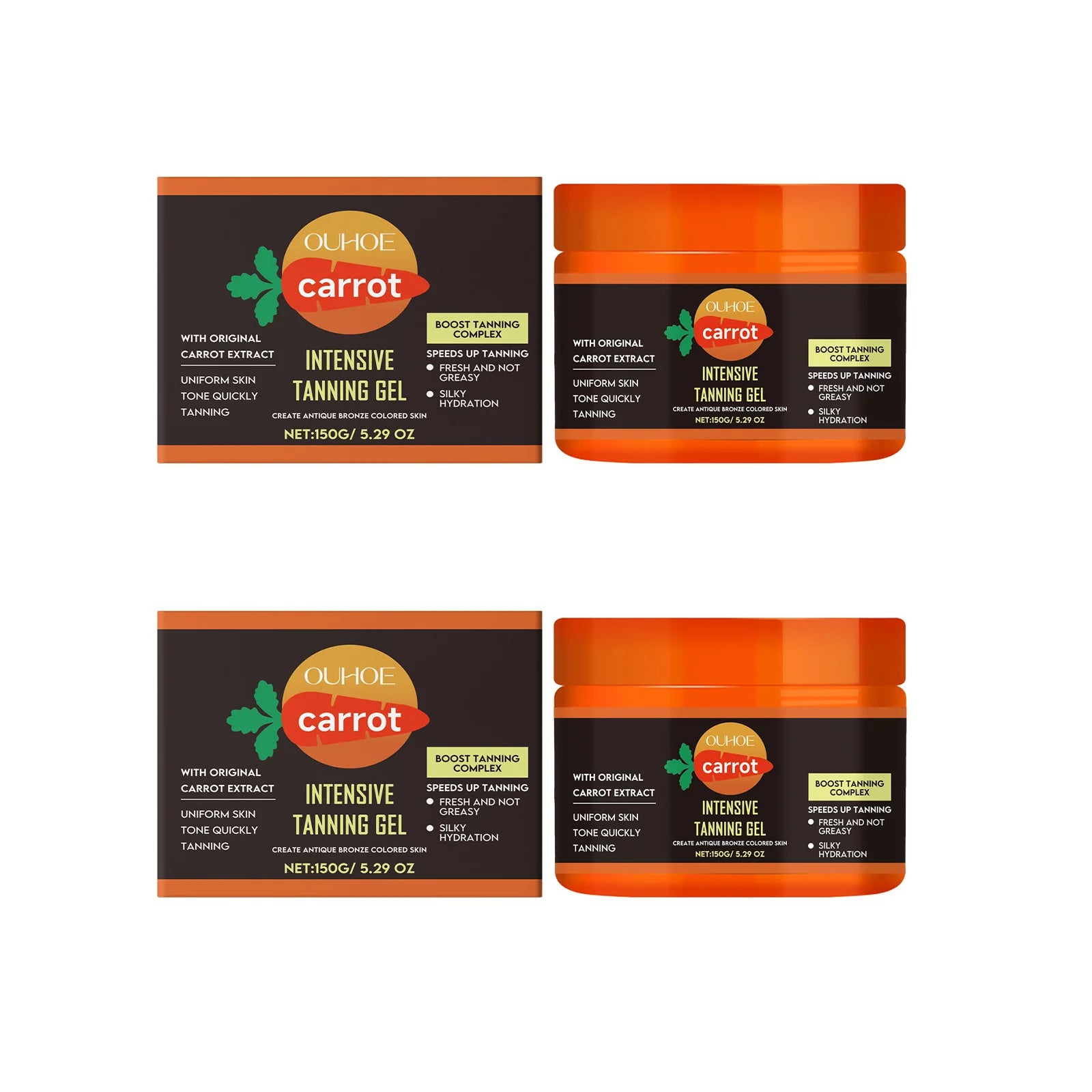 Carrot Tanning Gel Hydrating Lightweight Fast Absorbing Bronzing Gel Moisturizing Natural Sunless Tan Enhancer for Face & Body Qme 2 x 150g Boxed