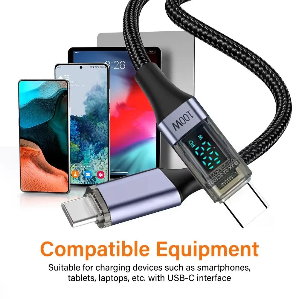 100W USB C Data Cable Digital Display USB C to C Data Cord 0.5M/1M/2M Quick Charge Type-C Charging Line for iPhone Huawei Xiaomi Qme