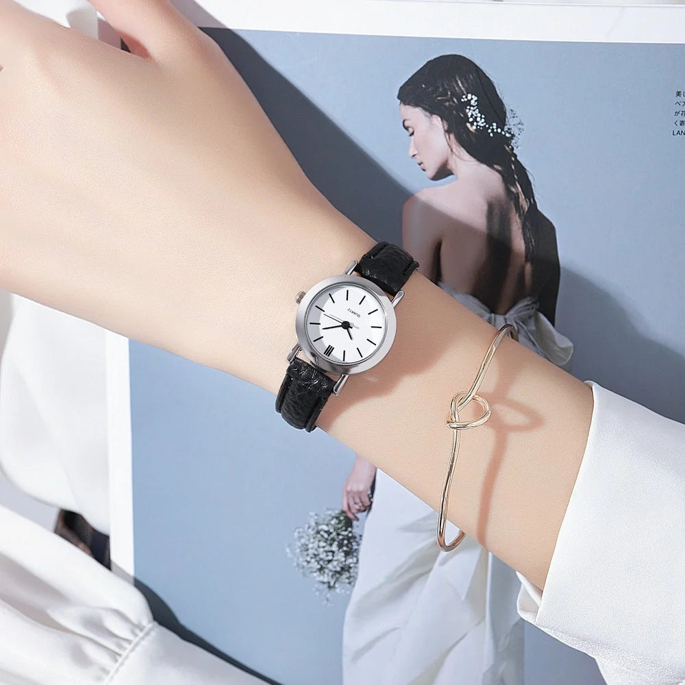 Minimalist White Dial Brown Leather Strap Women Quartz Watch Qme