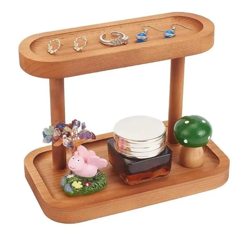 Wooden Double-layer Tray Storage Rack Desktop Cosmetics Jewelry Qme