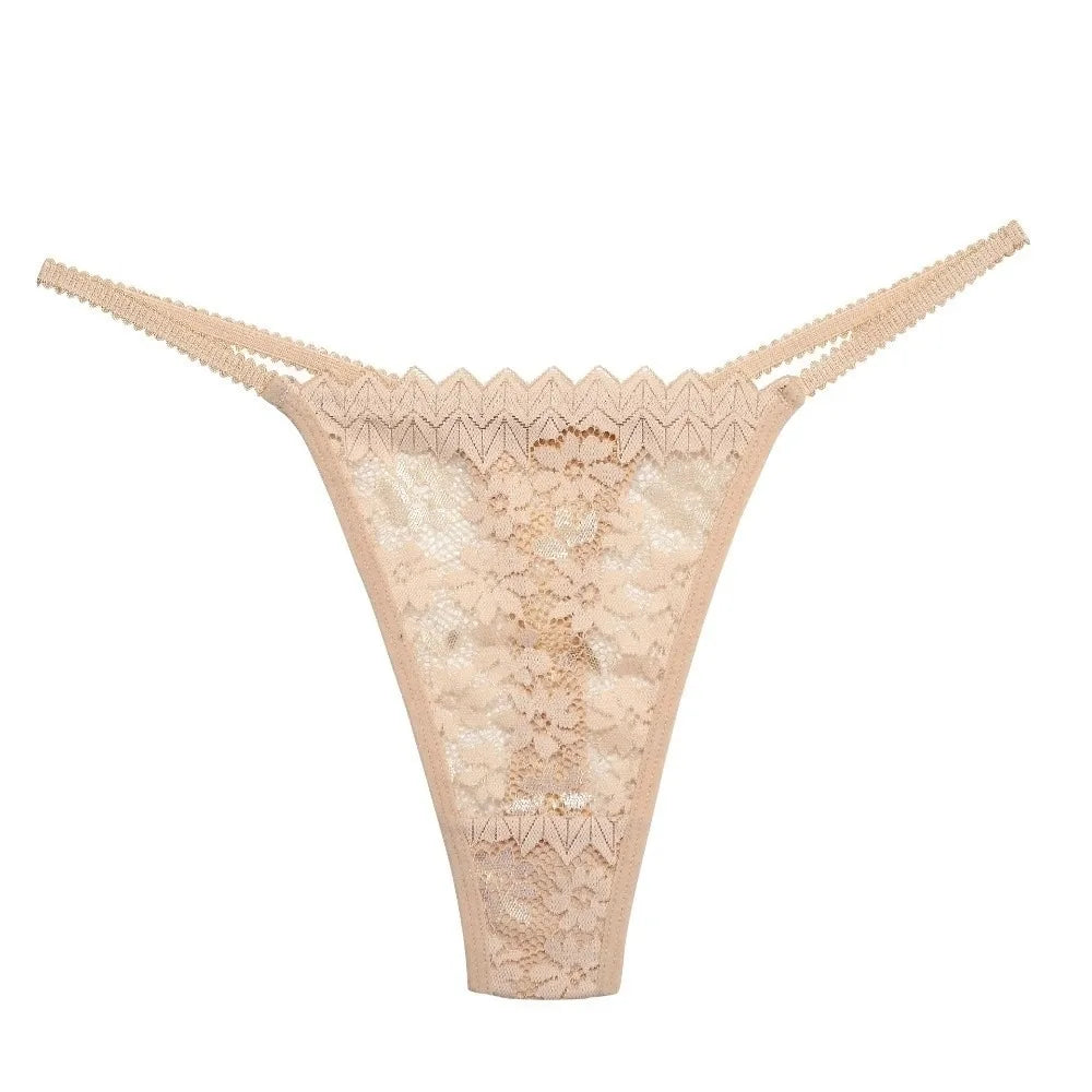 Breathable Mesh Lace Thong Women Low Waist Transparent Flower Briefs Qme Nude S 1pc
