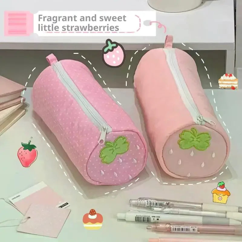 Cream Strawberry Polka Dot Pink Pencil Case Student Stationery Back Qme
