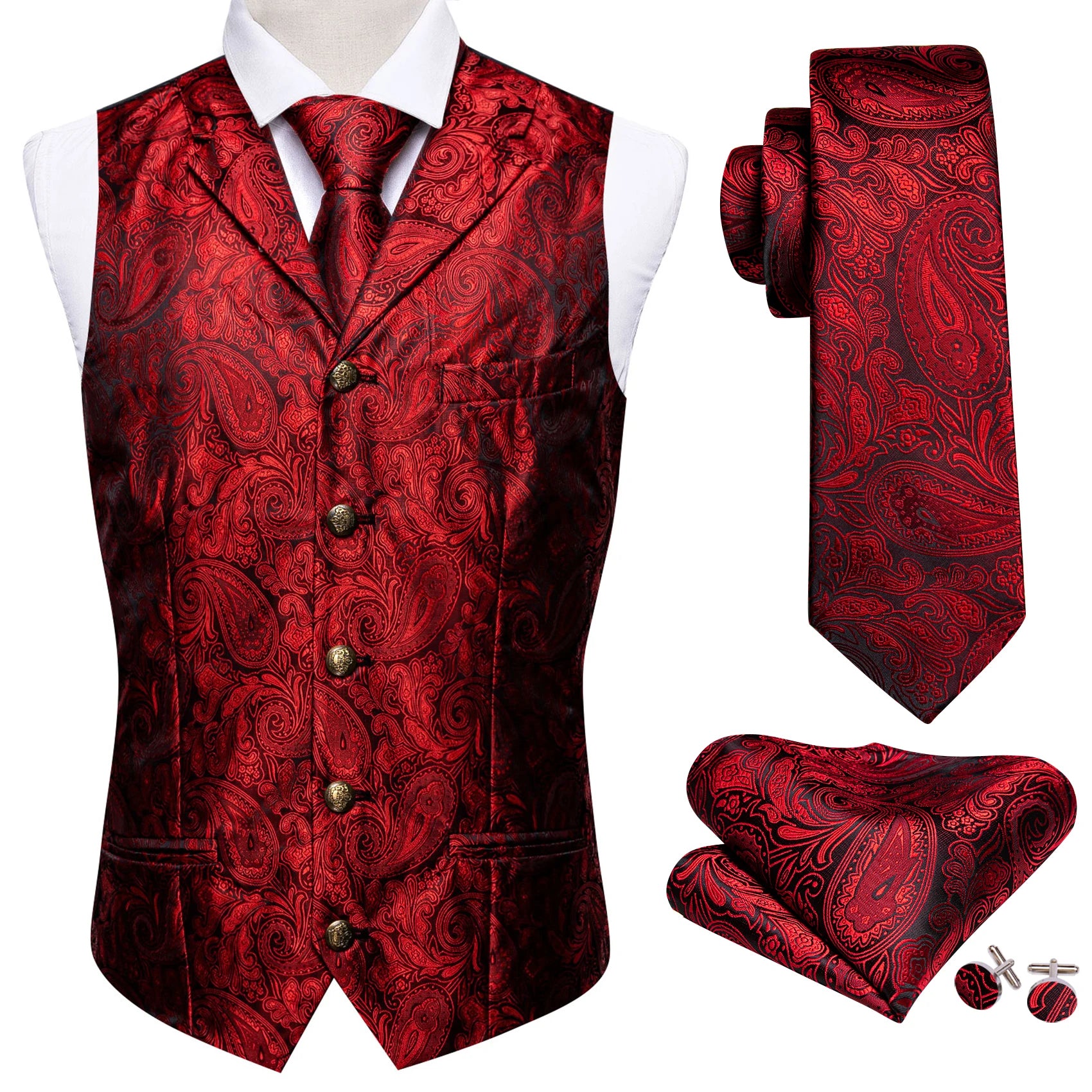 Men's Jacquard Waistcoat Half Notch Lapel Vest Necktie Pocket Square Cufflinks Set Formal Wedding Party Prom Business Suit Vests Qme MJTZ2220 S
