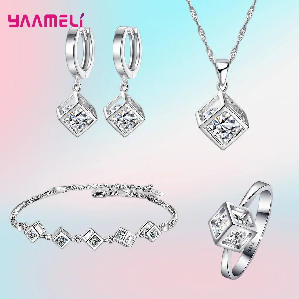 Top Sale 925 Sterling Silver Color Jewelry Gift Set Cube Cubic Zircon Necklace/Earrings/Bracelet/Ring for Wedding Engagement Qme