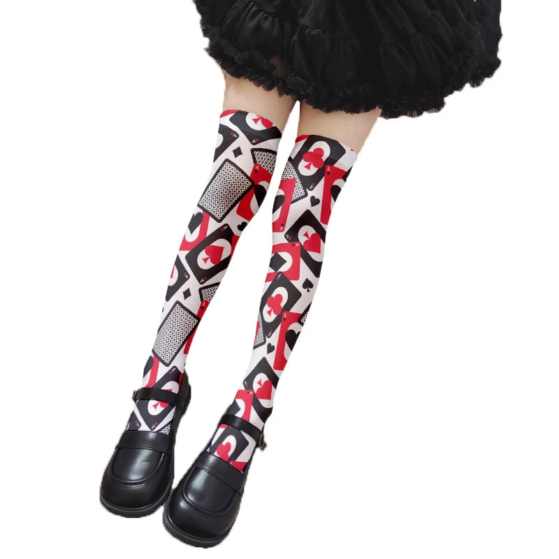 Fashionable Poker Pattern Thigh Stockings Ladies Sexy Love Plaid Qme style7 One Size