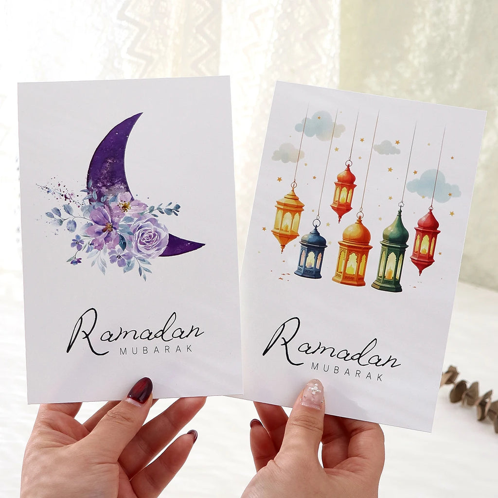 Islamic Greeting Card Set, 6 Eid Gift Card Designs Featuring Moonlight, Flowers, and Lanterns, Size 4.65× 7.01inch , Includes Envelopes and Stickers, Holiday Greeting Card Set, Ramadan DIY Holiday Decorations Qme
