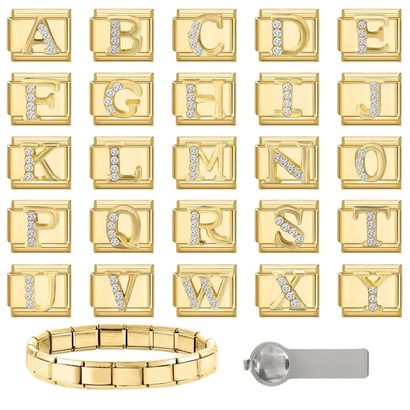 Wholesale Shiny CZ 26 Letters A-Z Gold Color Italian Charms Gold Plated 9mm Stainless Steel Modular Bracelet DIY Jewelry Gift Qme