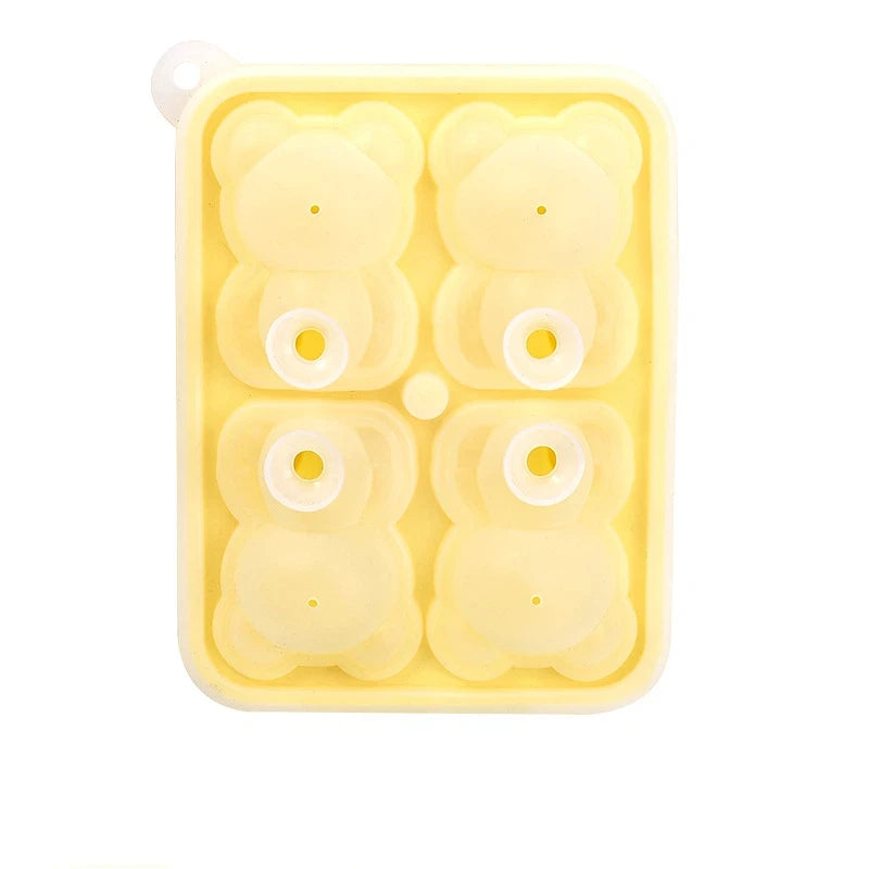 3D Food Grade Silicone Ice Mold 4Grid Bear Shape Cube Maker DIY Qme Yellow